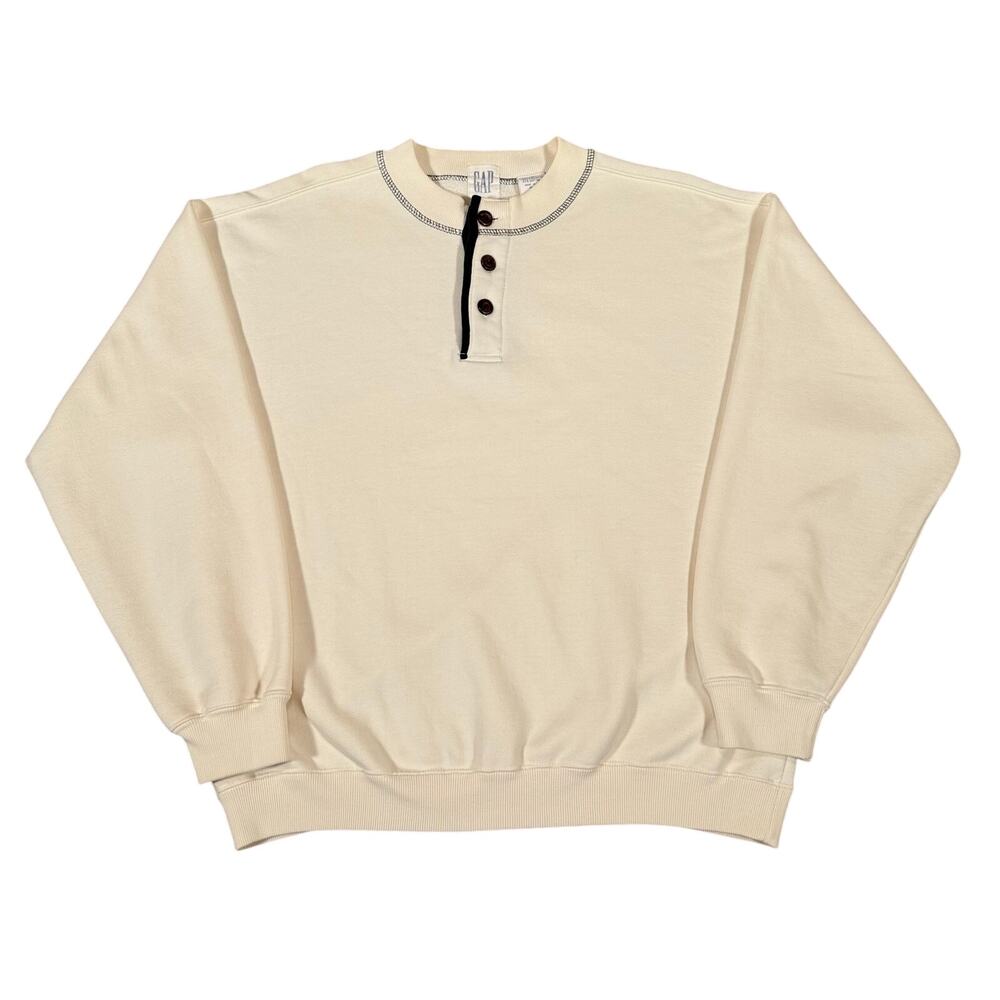 Vintage 90s GAP Henley Sweatshirt Cream Black Trim Contrast Stitch Pullover S